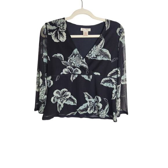 Tommy Bahama Tops - Tommy Bahama silk mesh blouse L lined sheer sleeves palm print Babydoll Y2k Boho
